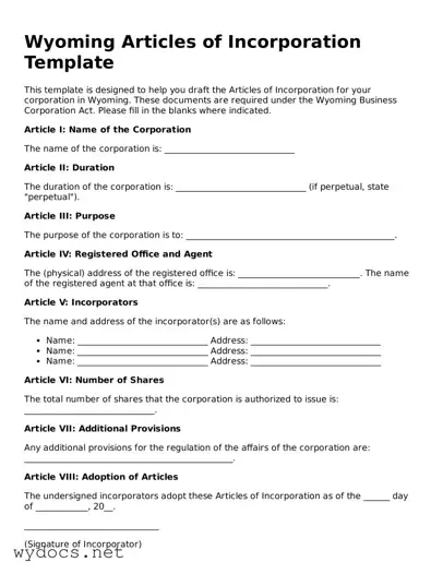 Fillable  Articles of Incorporation Document for Wyoming