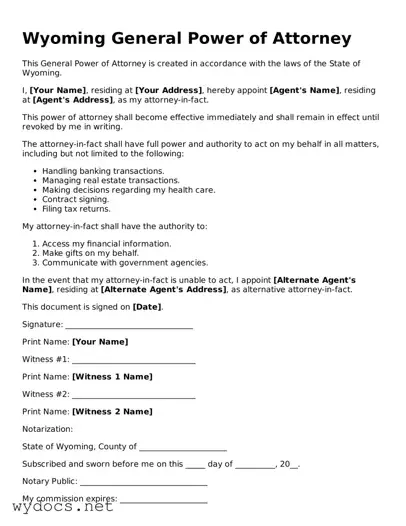 Fillable  General Power of Attorney Document for Wyoming