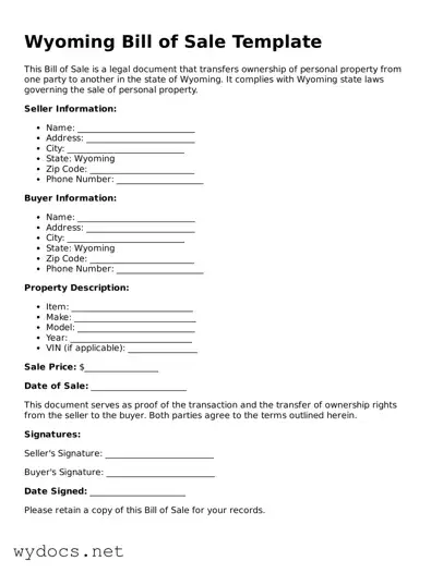Fillable  Bill of Sale Document for Wyoming