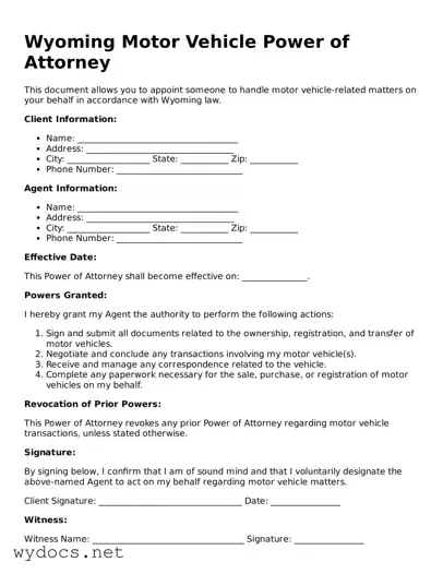 Fillable  Motor Vehicle Power of Attorney Document for Wyoming