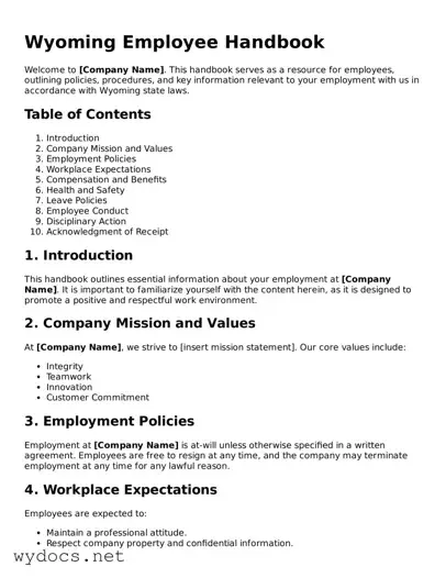 Fillable  Employee Handbook Document for Wyoming