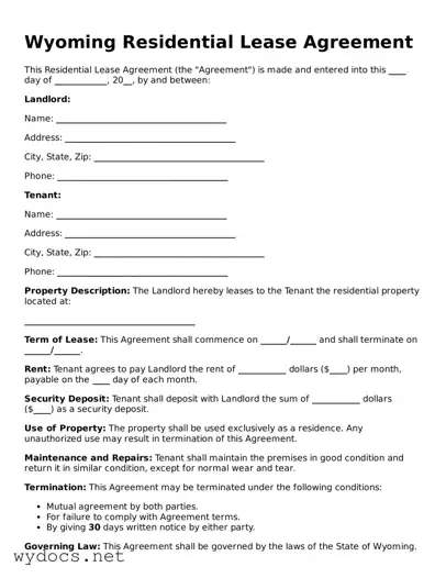 Fillable  Residential Lease Agreement Document for Wyoming