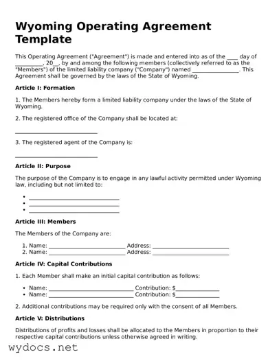 Fillable  Operating Agreement Document for Wyoming