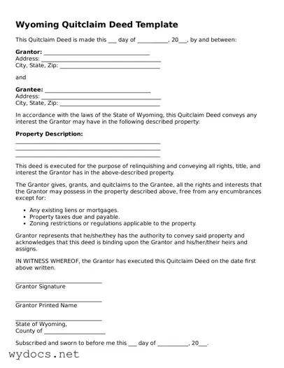Fillable  Quitclaim Deed Document for Wyoming