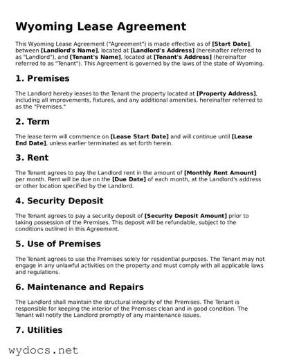 Fillable  Lease Agreement Document for Wyoming