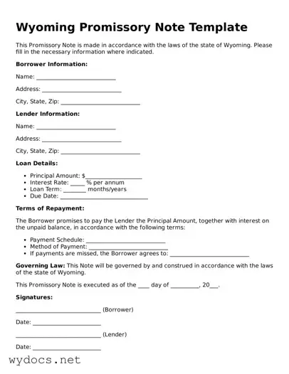Fillable  Promissory Note Document for Wyoming