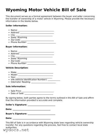 Fillable  Motor Vehicle Bill of Sale Document for Wyoming