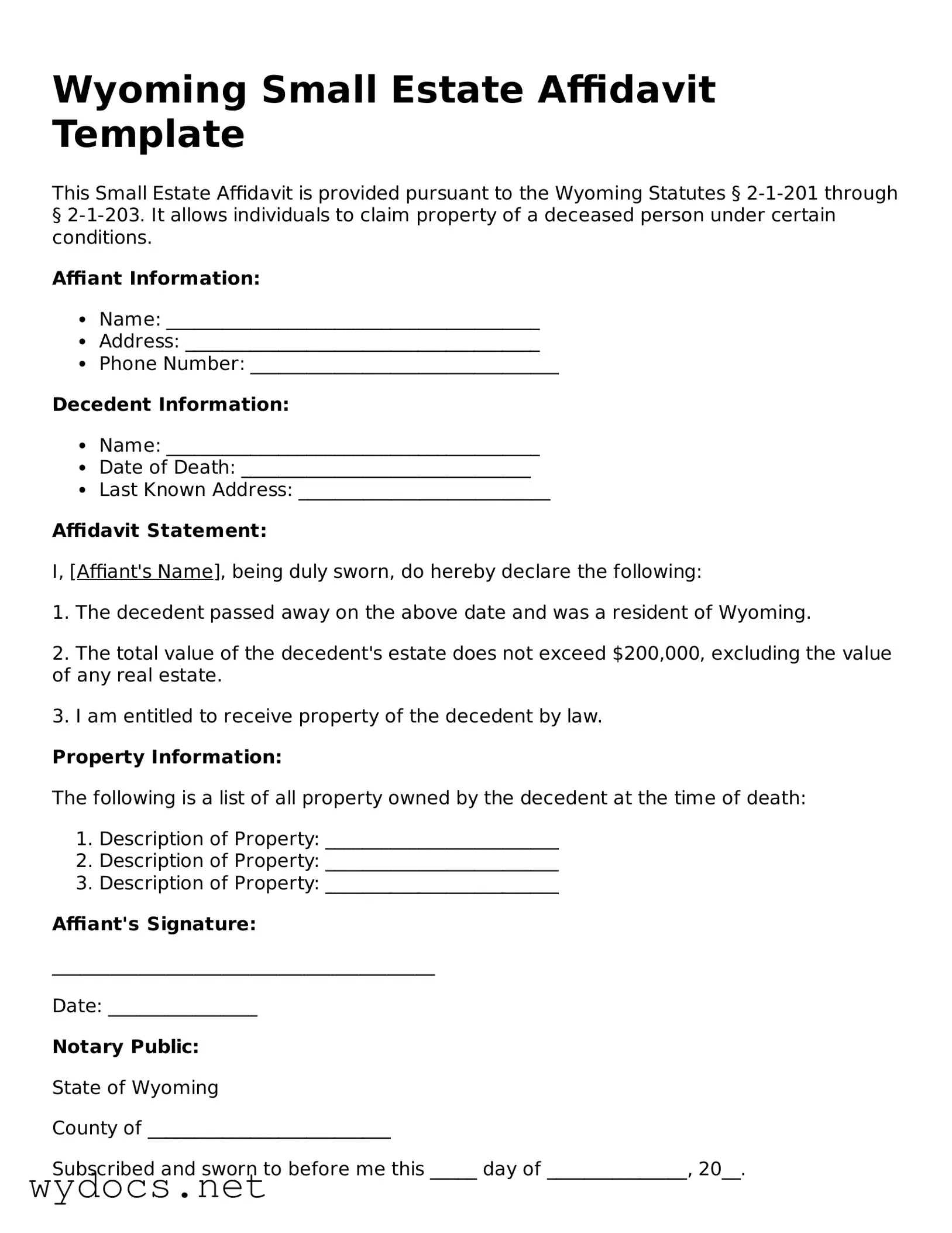 Fillable  Small Estate Affidavit Document for Wyoming