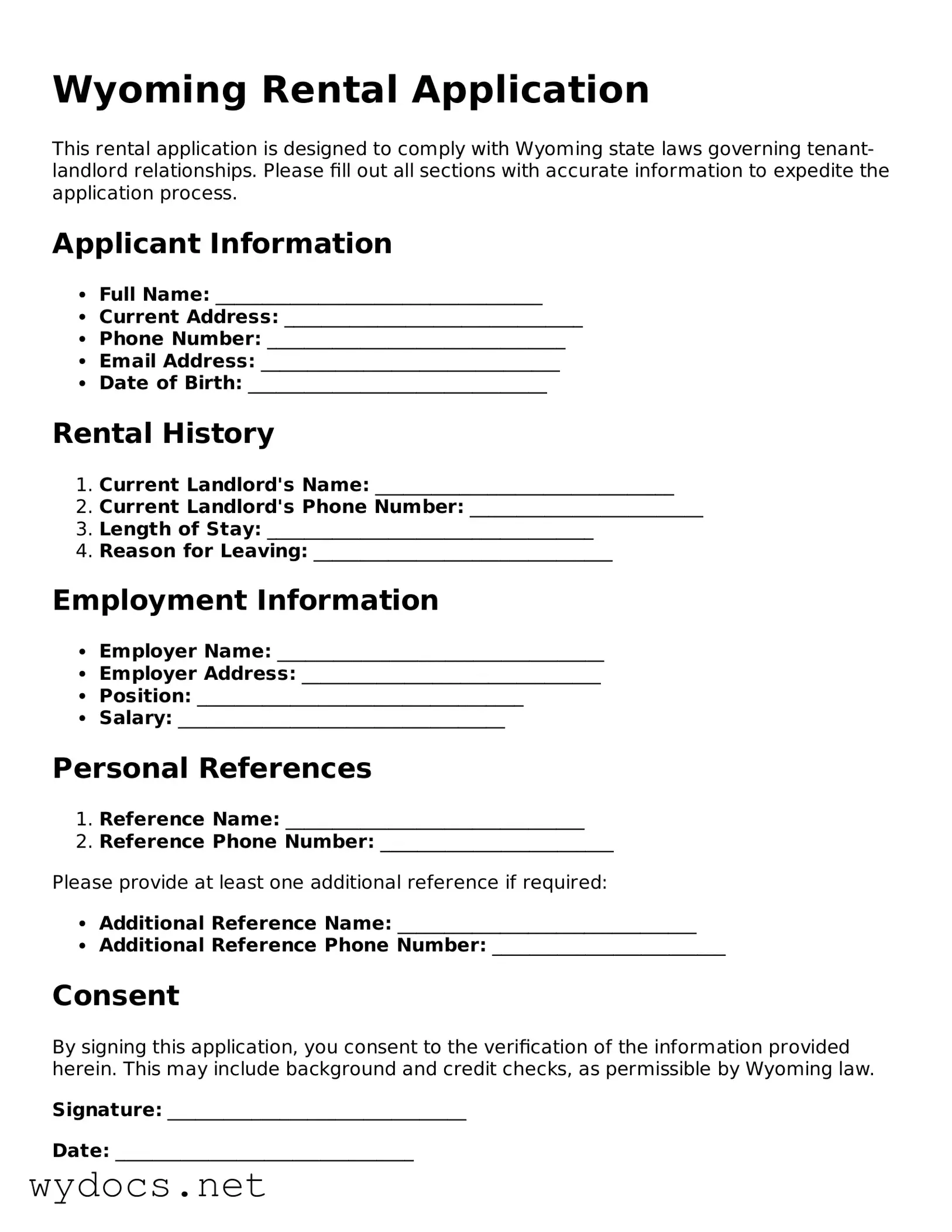 Fillable  Rental Application Document for Wyoming