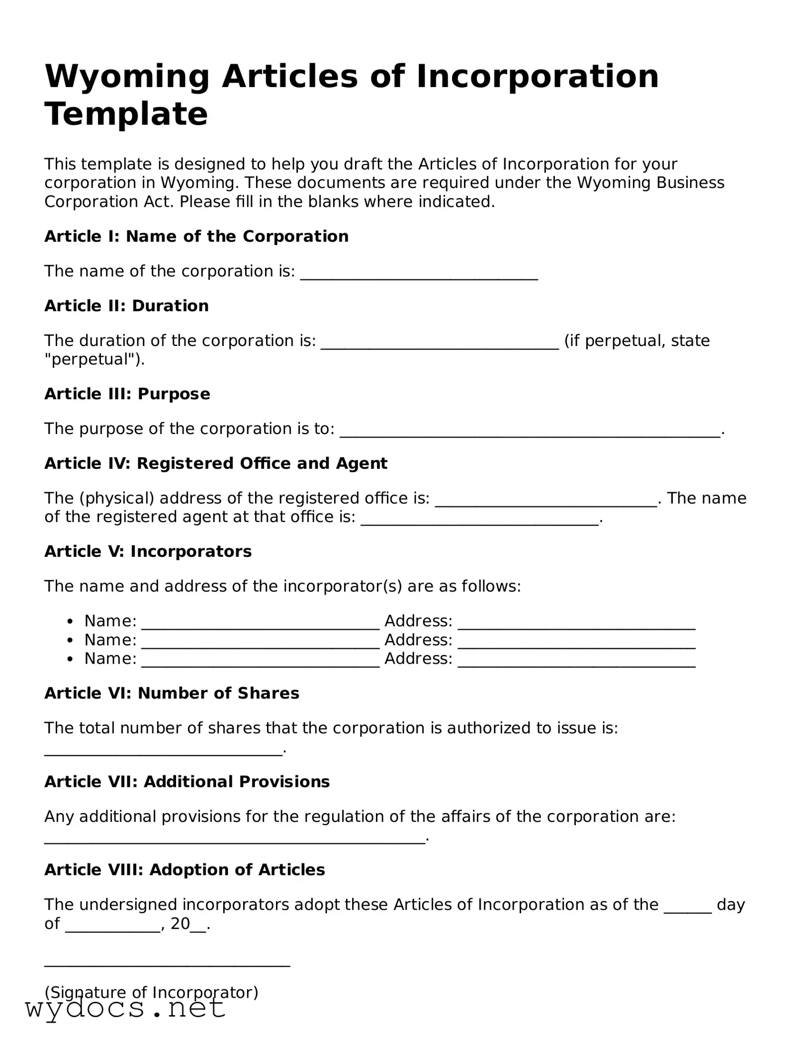 Fillable  Articles of Incorporation Document for Wyoming