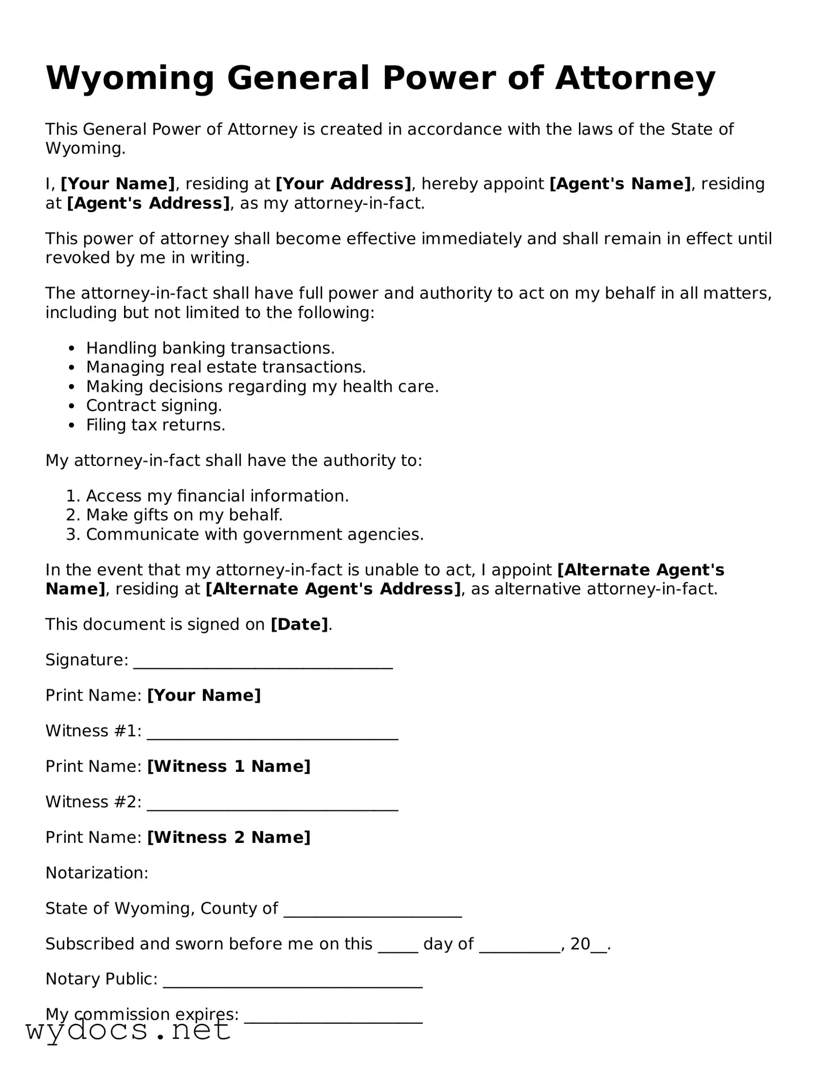 Fillable  General Power of Attorney Document for Wyoming