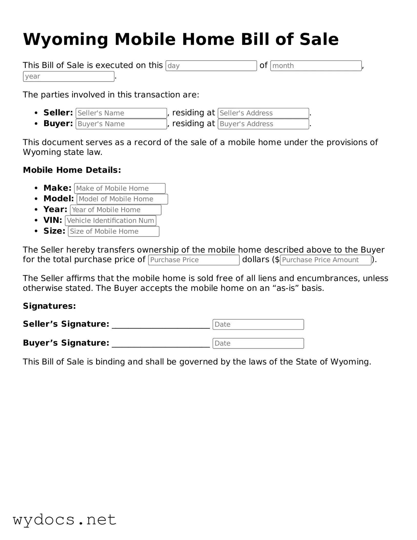 Fillable  Mobile Home Bill of Sale Document for Wyoming