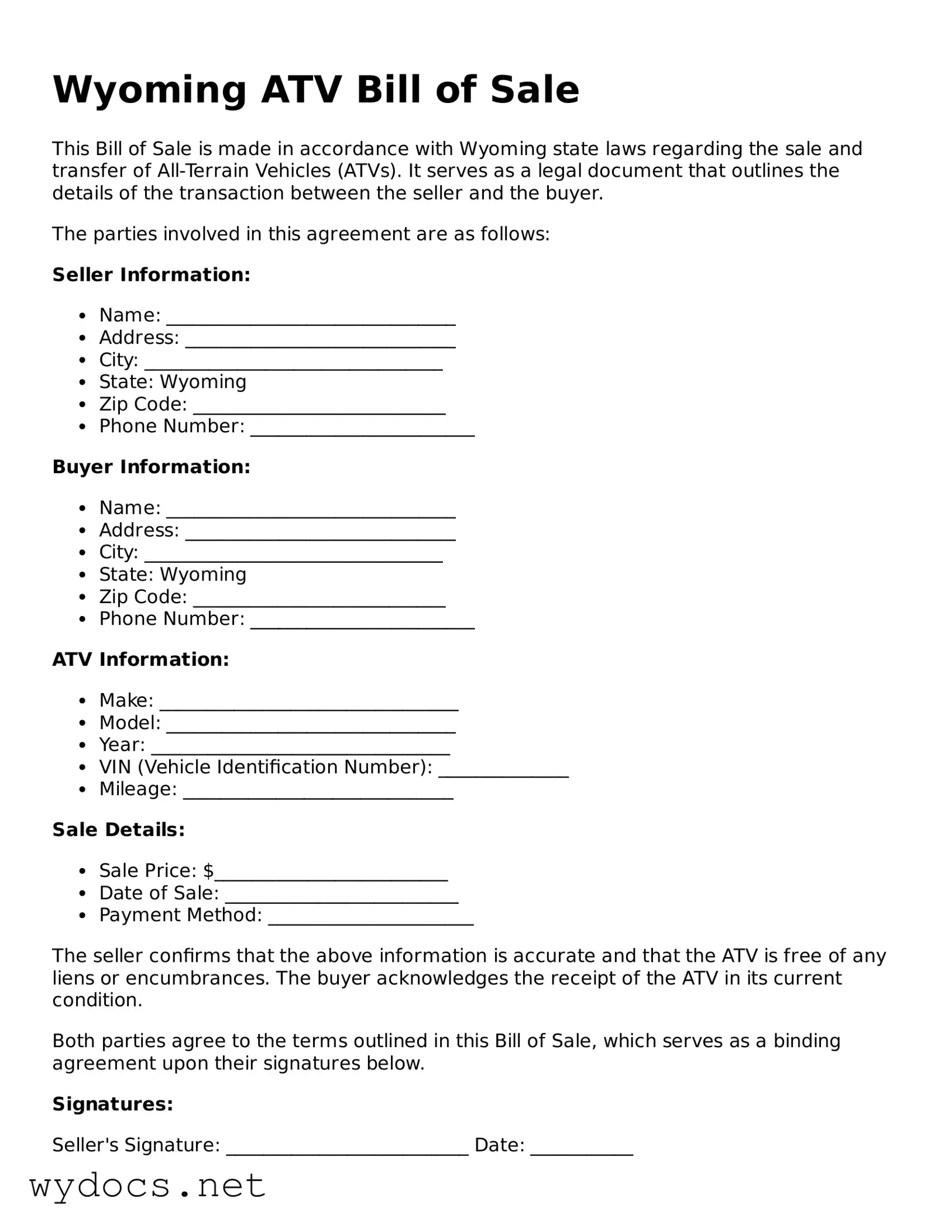 Fillable  ATV Bill of Sale Document for Wyoming