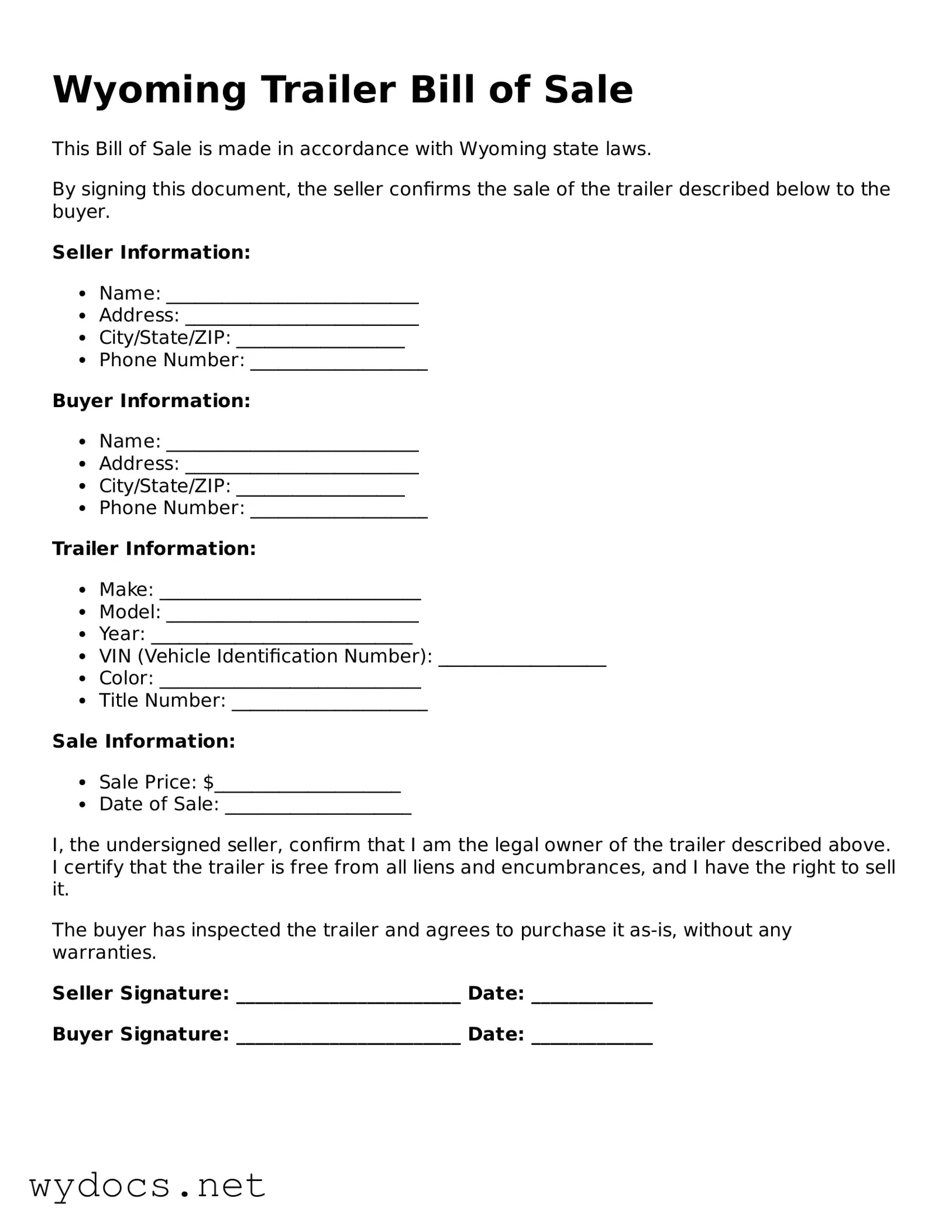 Fillable  Trailer Bill of Sale Document for Wyoming