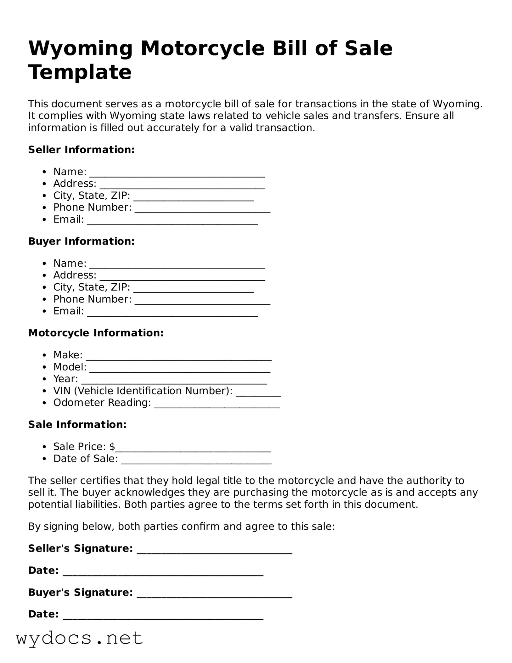 Fillable  Motorcycle Bill of Sale Document for Wyoming