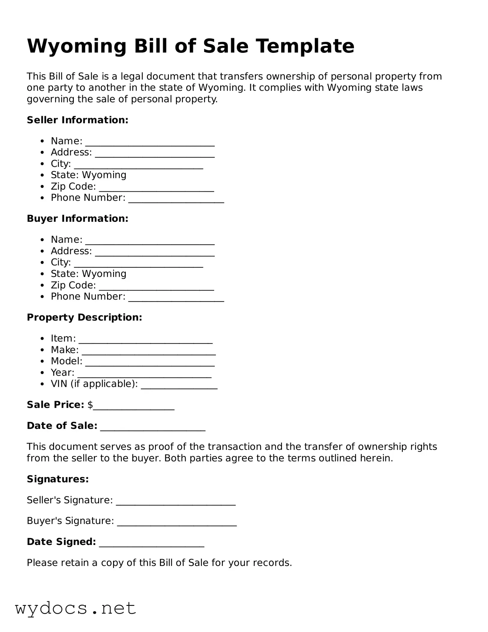 Fillable  Bill of Sale Document for Wyoming