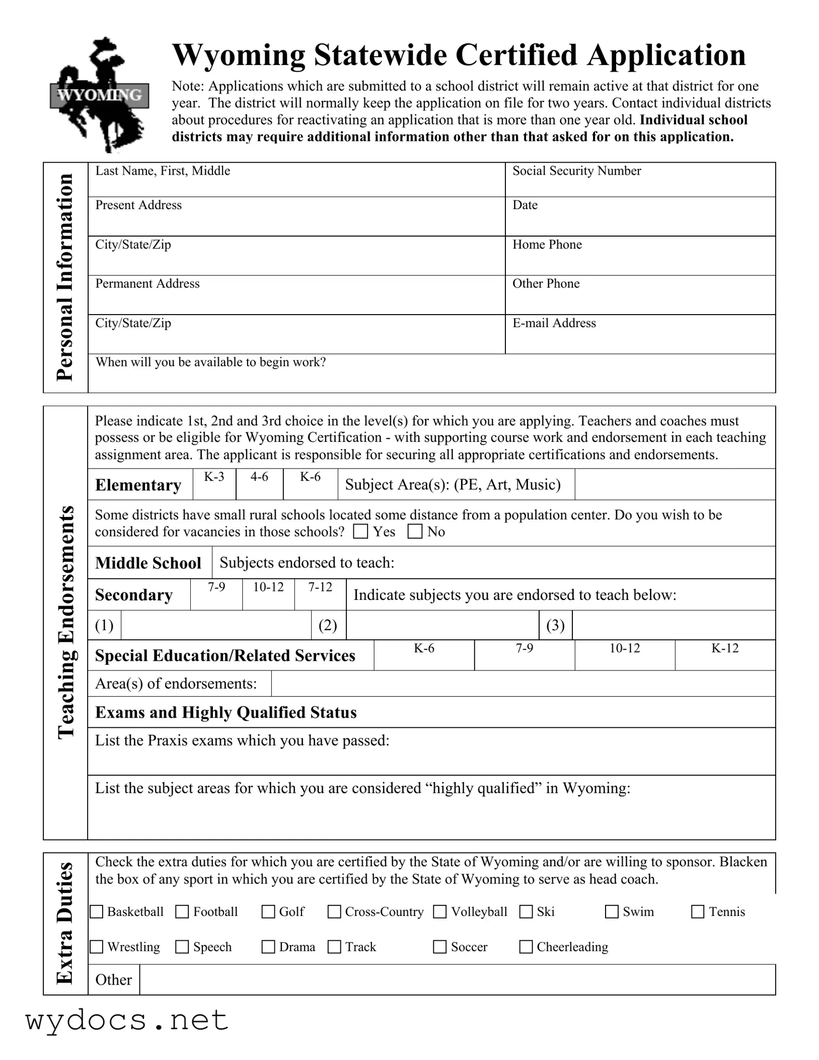 Printable Wyoming Certified Application Form