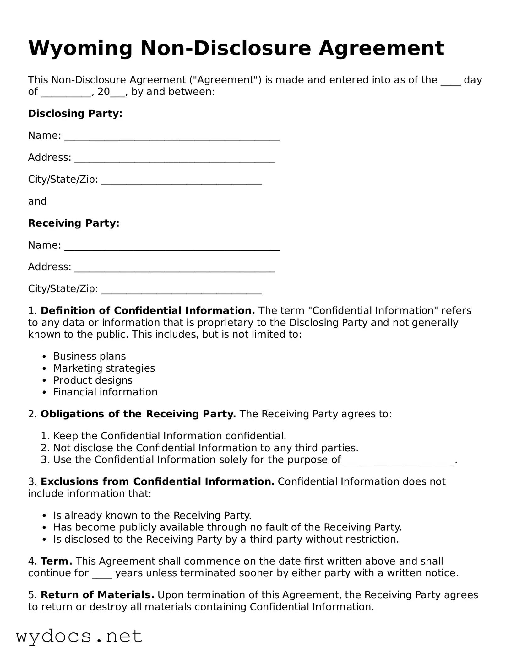 Fillable  Non-disclosure Agreement Document for Wyoming