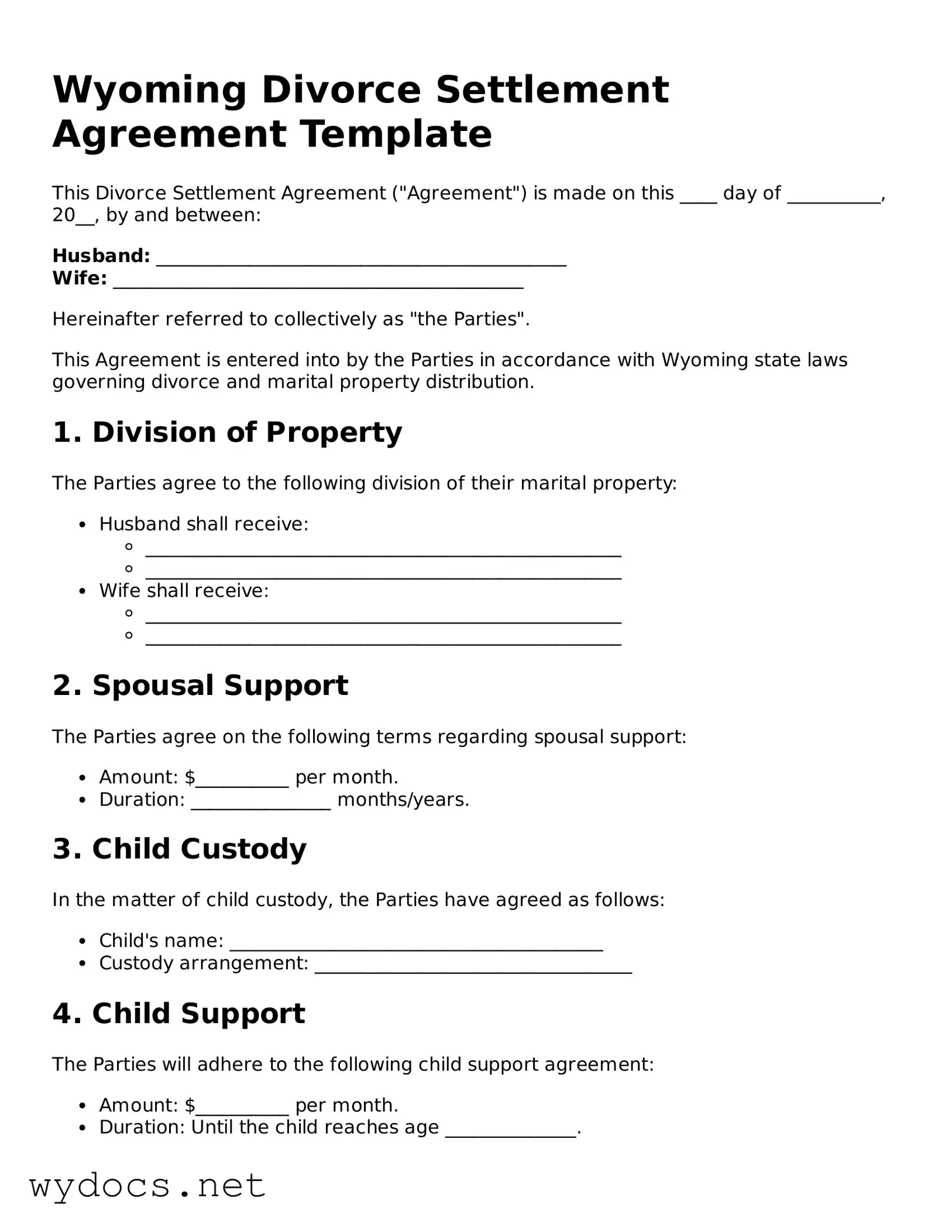 Fillable  Divorce Settlement Agreement Document for Wyoming