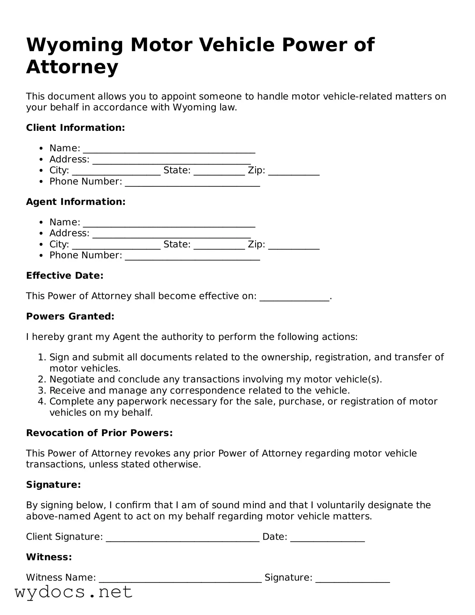 Fillable  Motor Vehicle Power of Attorney Document for Wyoming