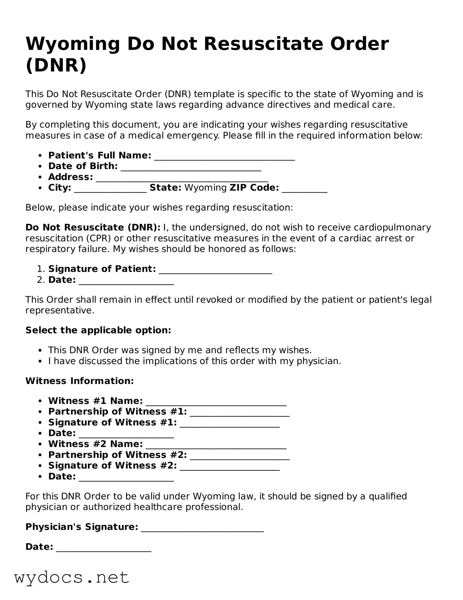 Fillable  Do Not Resuscitate Order Document for Wyoming