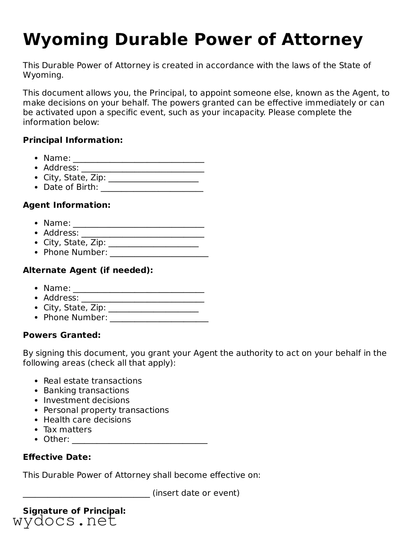 Fillable  Durable Power of Attorney Document for Wyoming