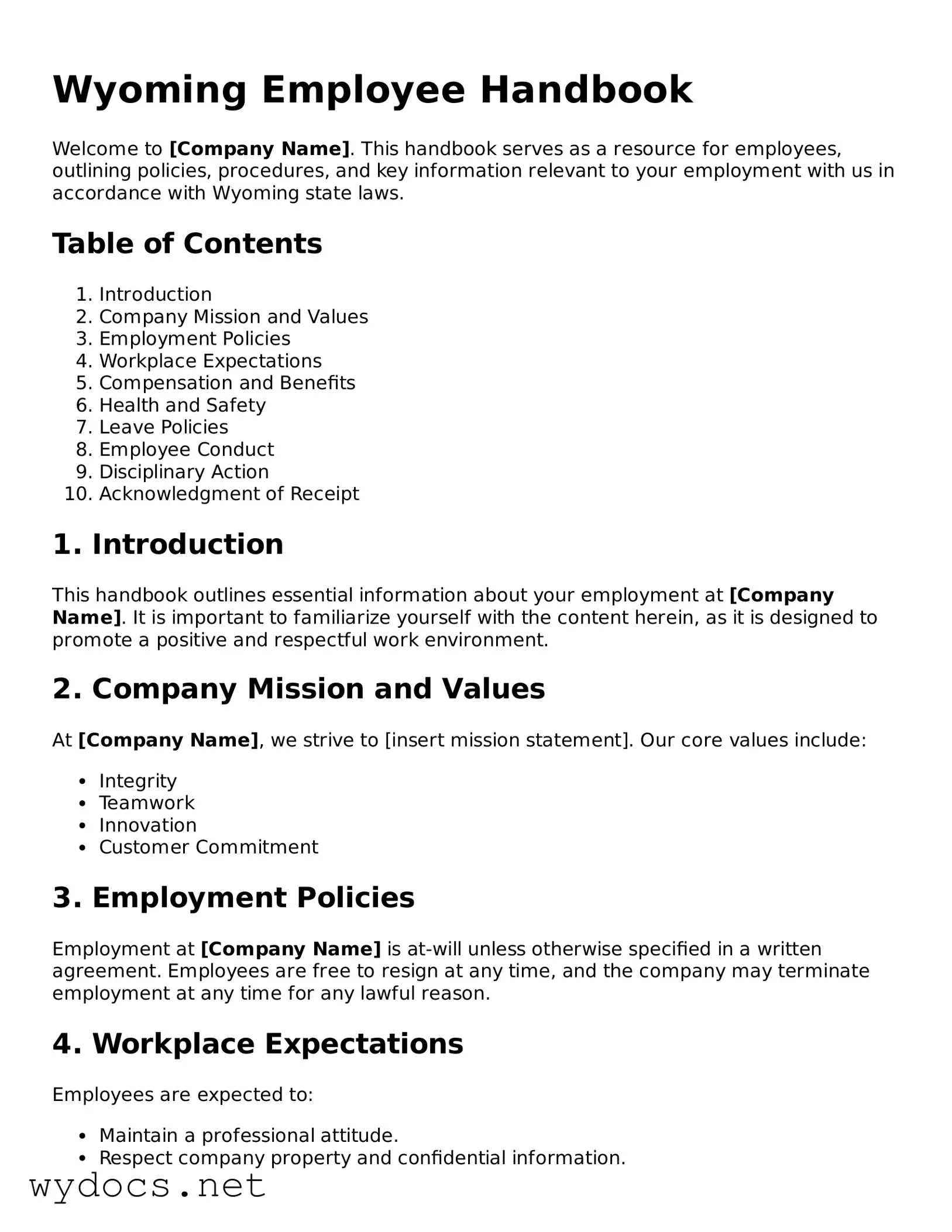 Fillable  Employee Handbook Document for Wyoming