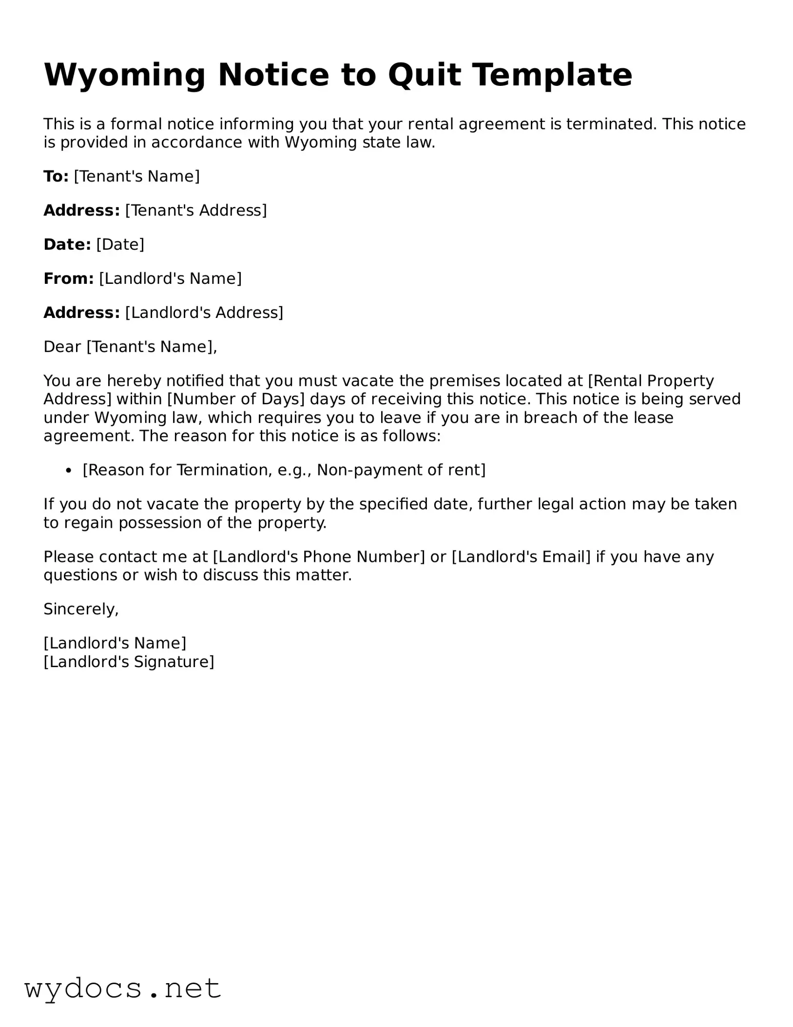 Fillable  Notice to Quit Document for Wyoming