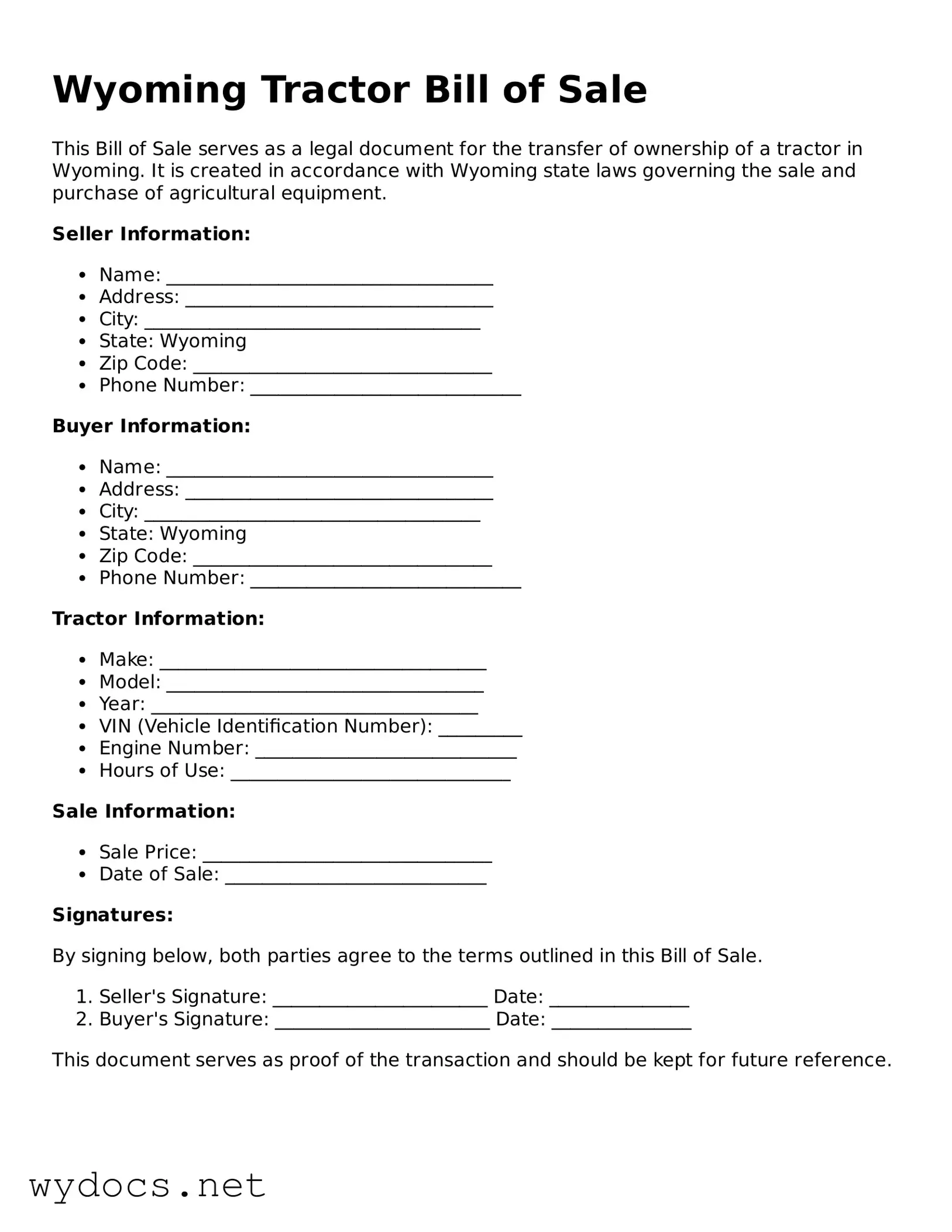 Fillable  Tractor Bill of Sale Document for Wyoming