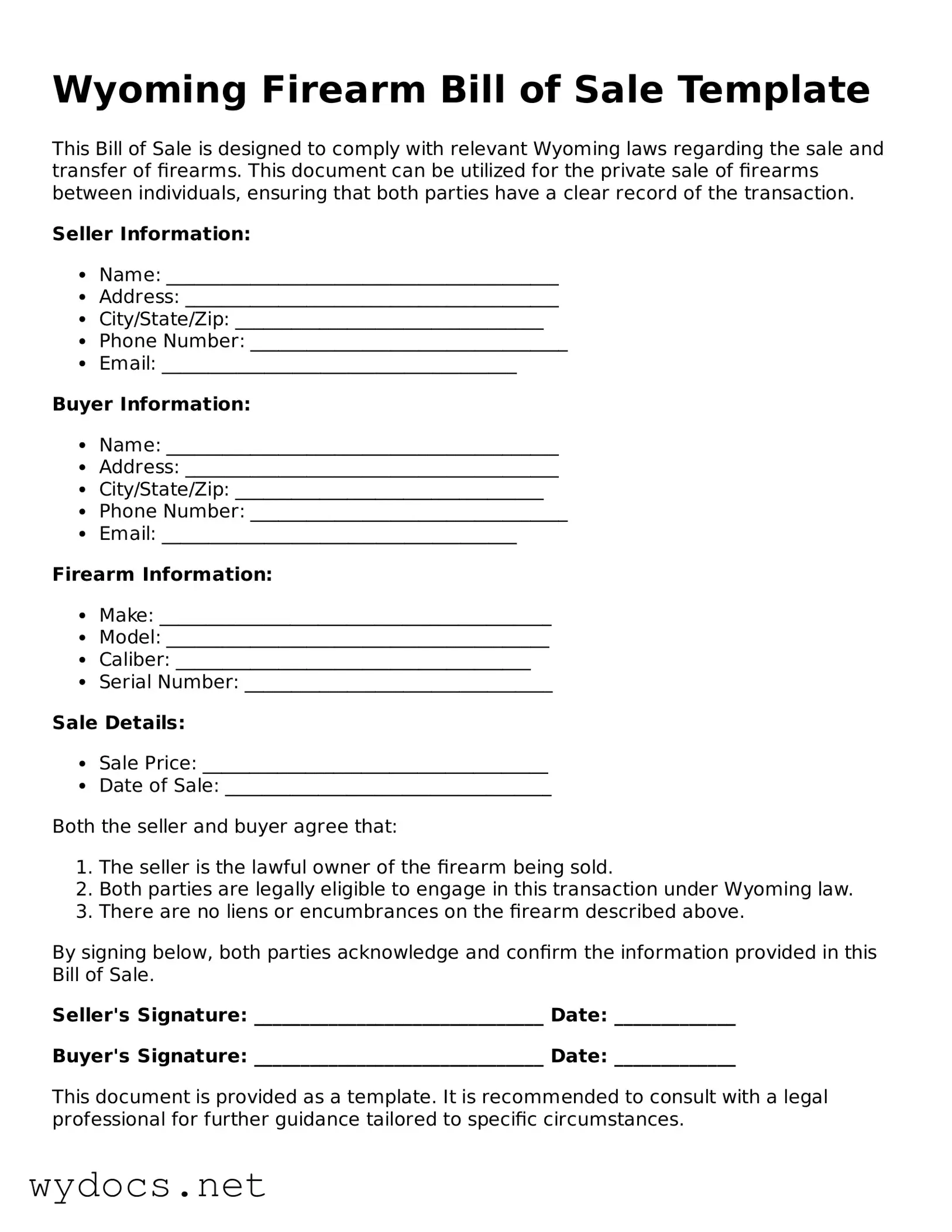 Fillable  Firearm Bill of Sale Document for Wyoming
