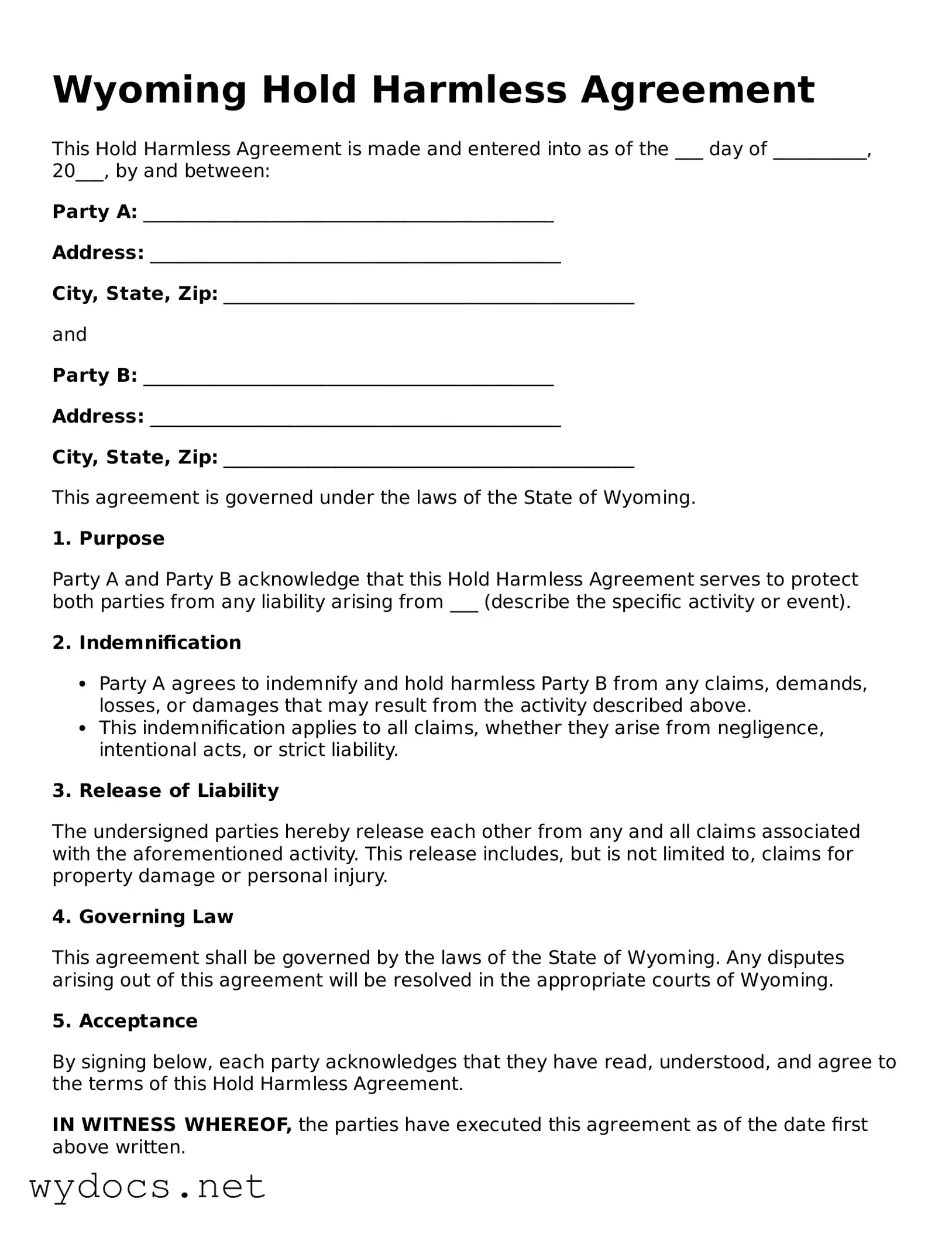 Fillable  Hold Harmless Agreement Document for Wyoming