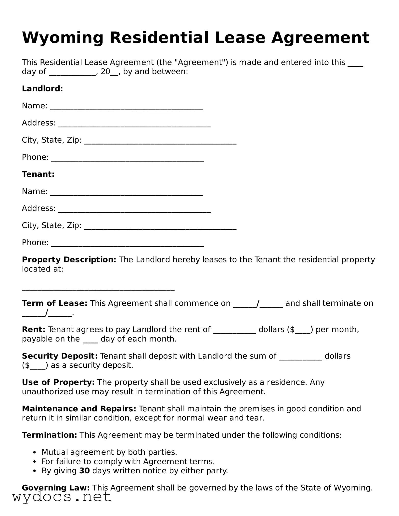 Fillable  Residential Lease Agreement Document for Wyoming