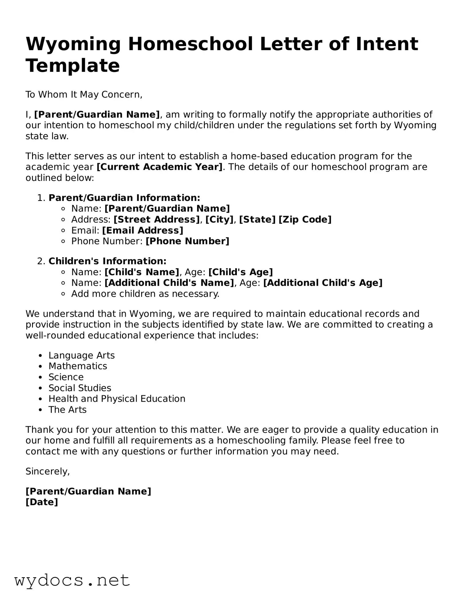 Fillable  Homeschool Letter of Intent Document for Wyoming