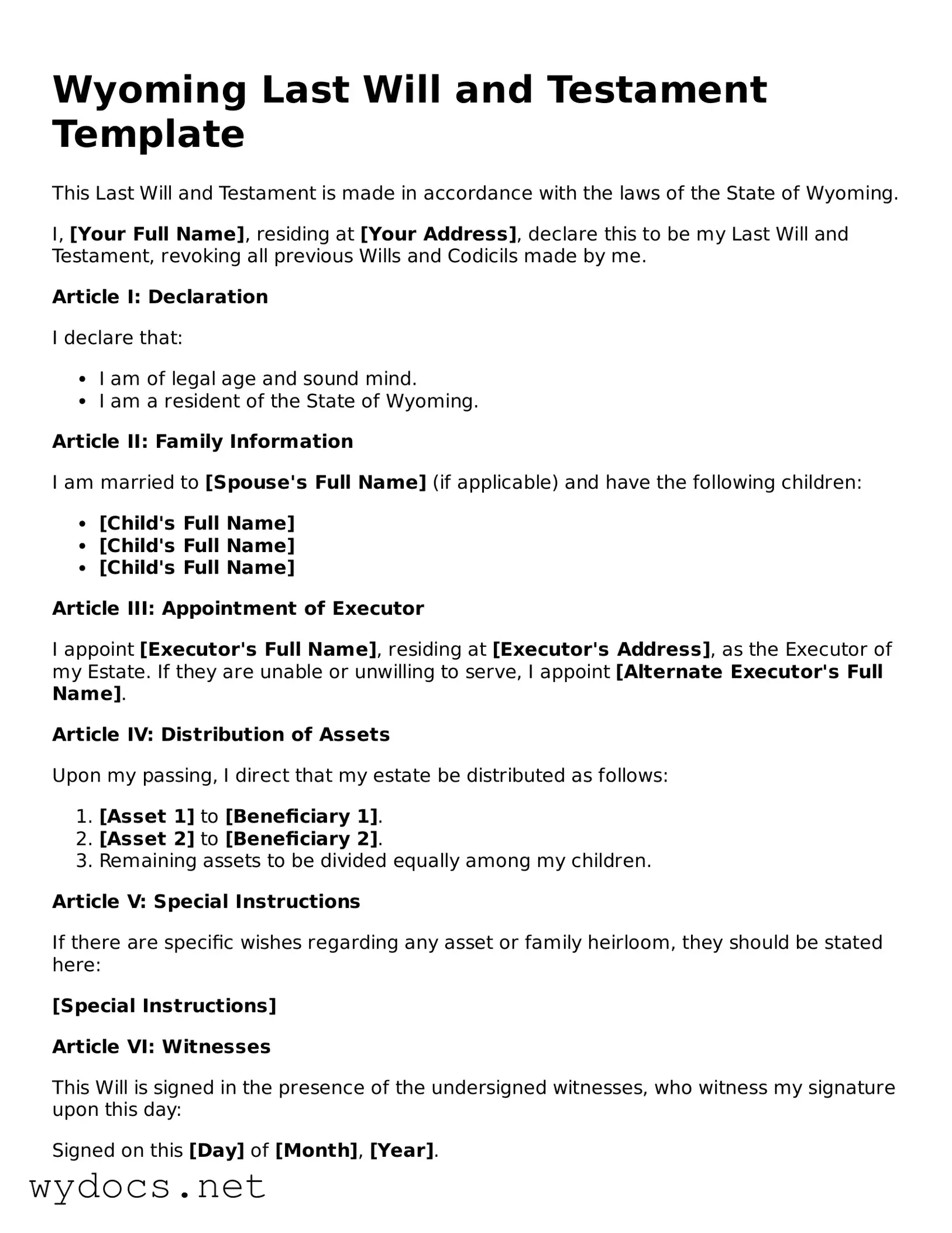 Fillable  Last Will and Testament Document for Wyoming