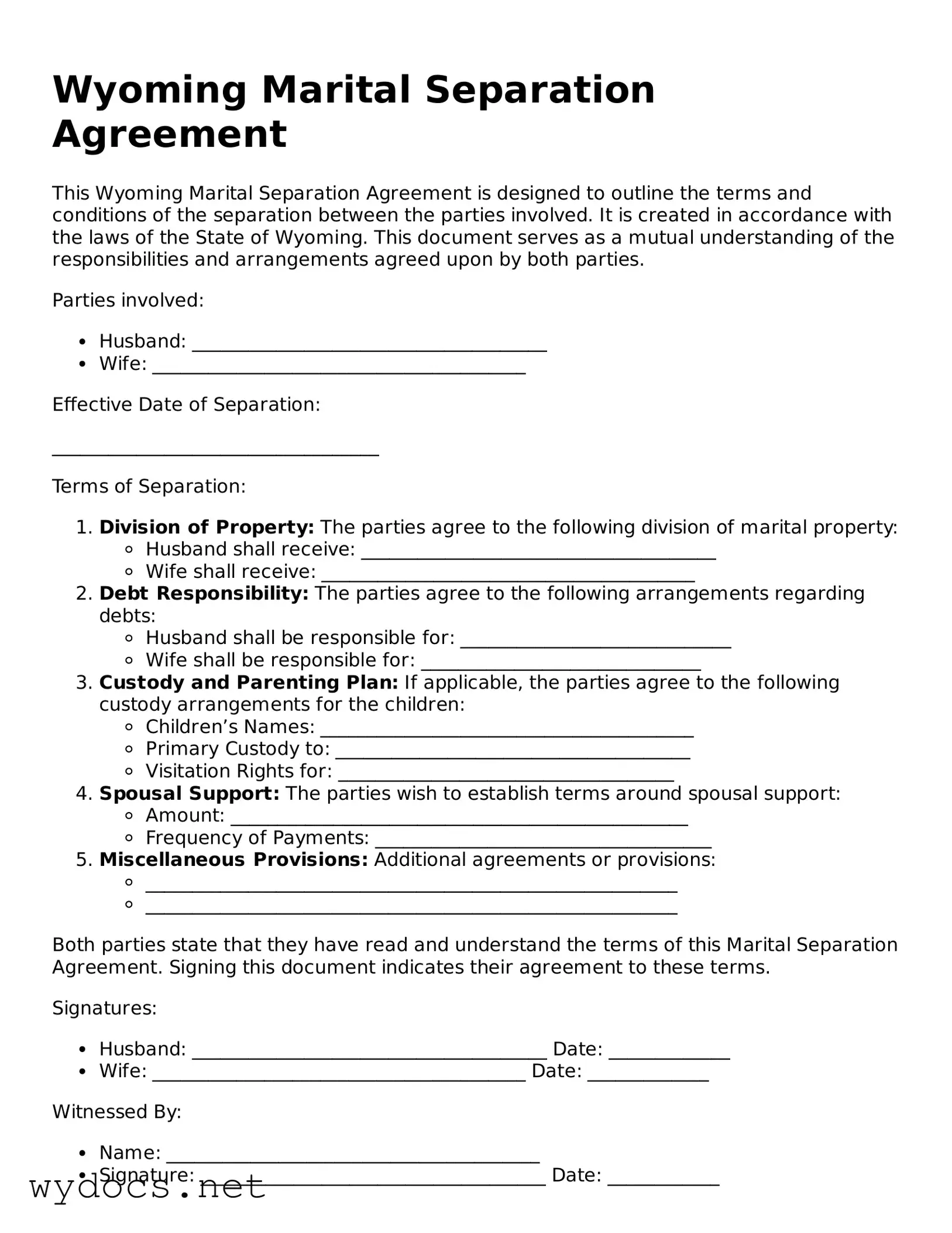Fillable  Marital Separation Agreement Document for Wyoming