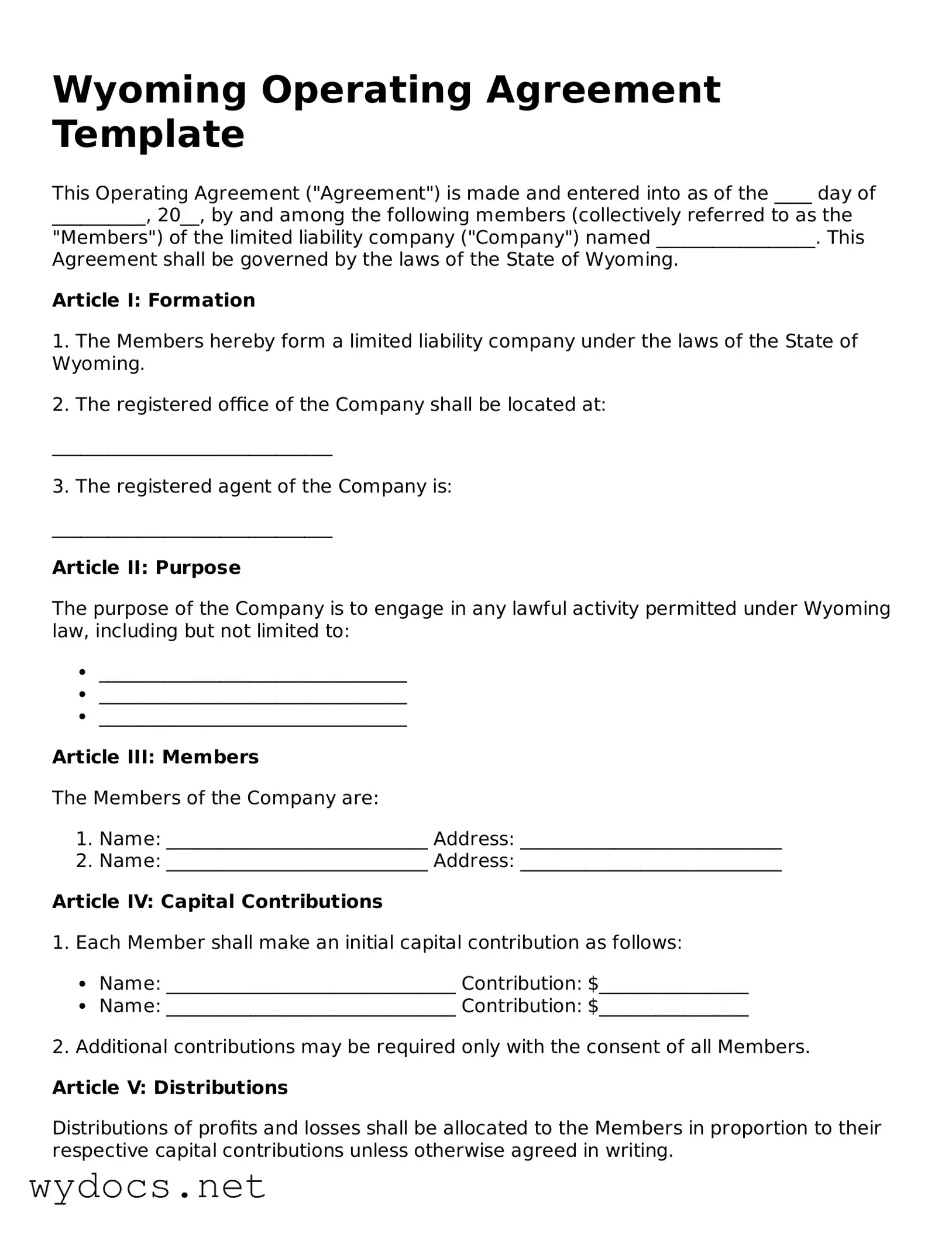Fillable  Operating Agreement Document for Wyoming