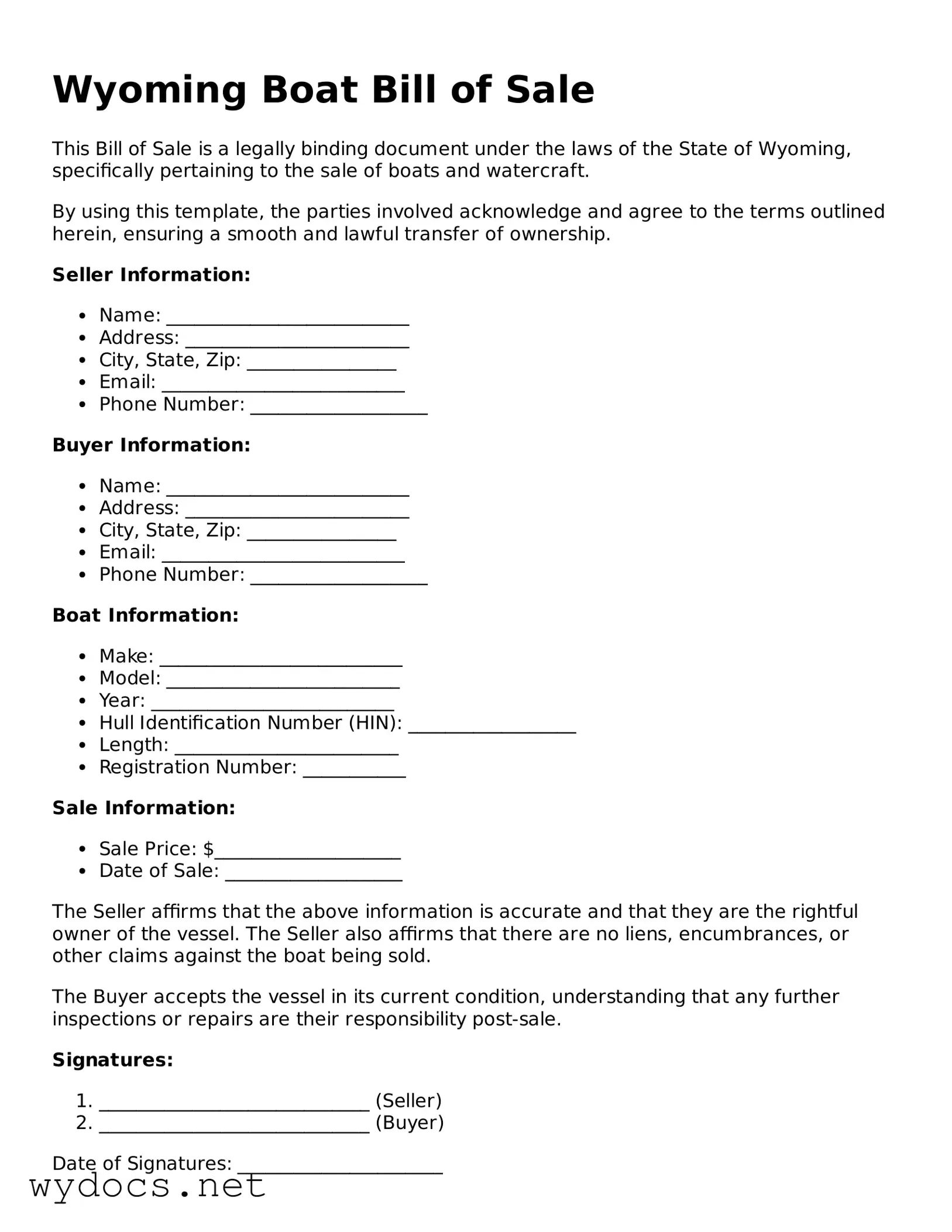 Fillable  Boat Bill of Sale Document for Wyoming