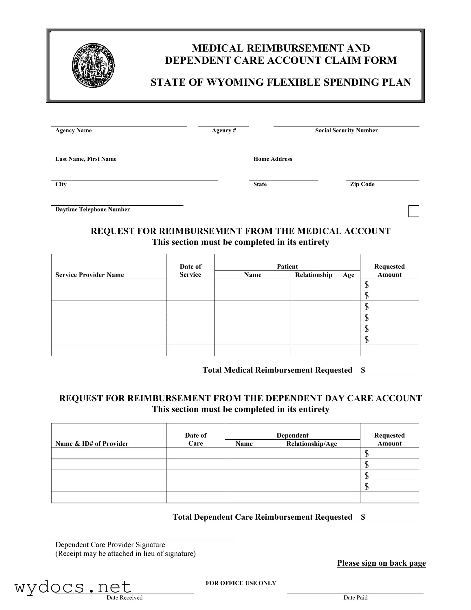 Printable Wyoming Medical Reimbursement Form