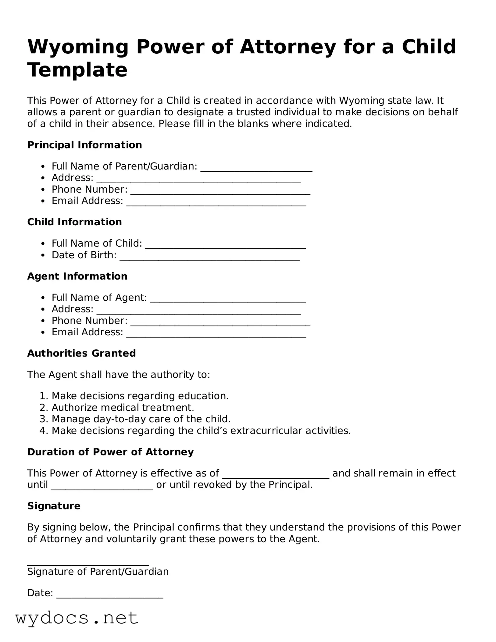Fillable  Power of Attorney for a Child Document for Wyoming