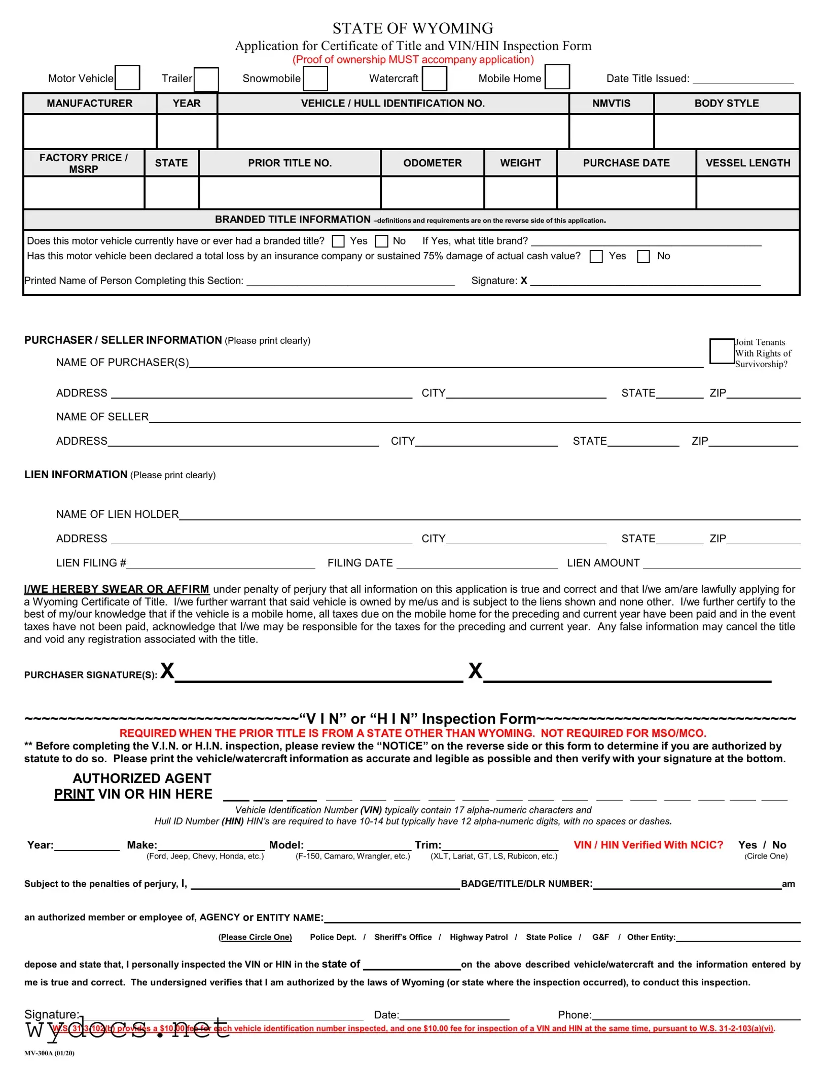 Printable Wyoming Mv 300A Form