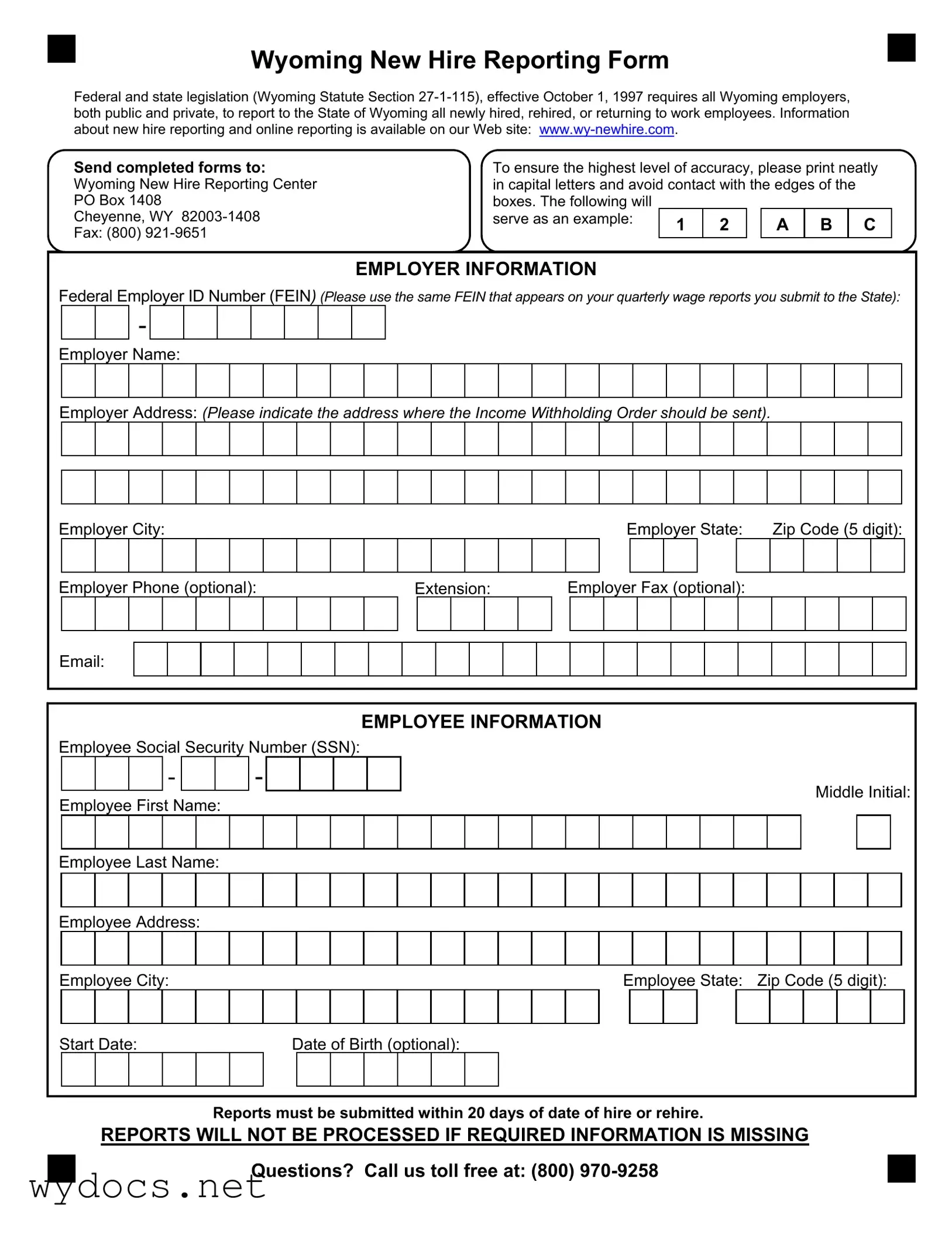 Printable Wyoming New Hire Reporting Form