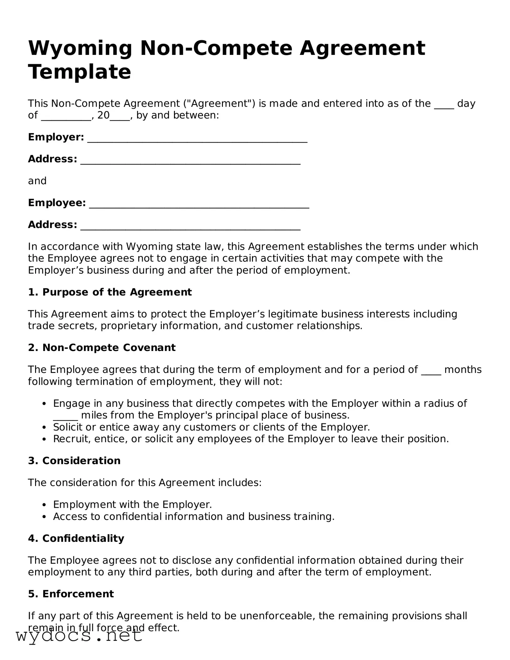 Fillable  Non-compete Agreement Document for Wyoming