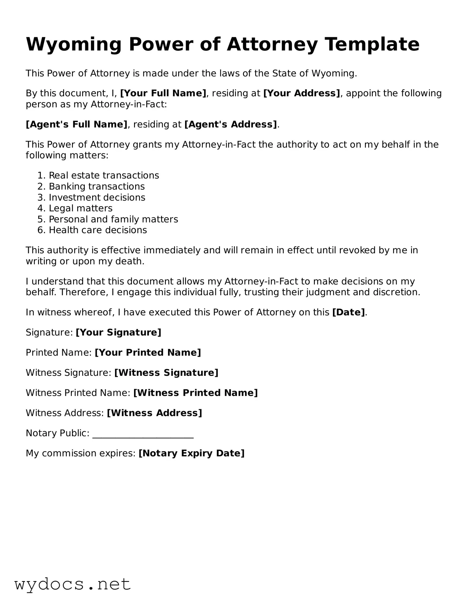 Fillable  Power of Attorney Document for Wyoming