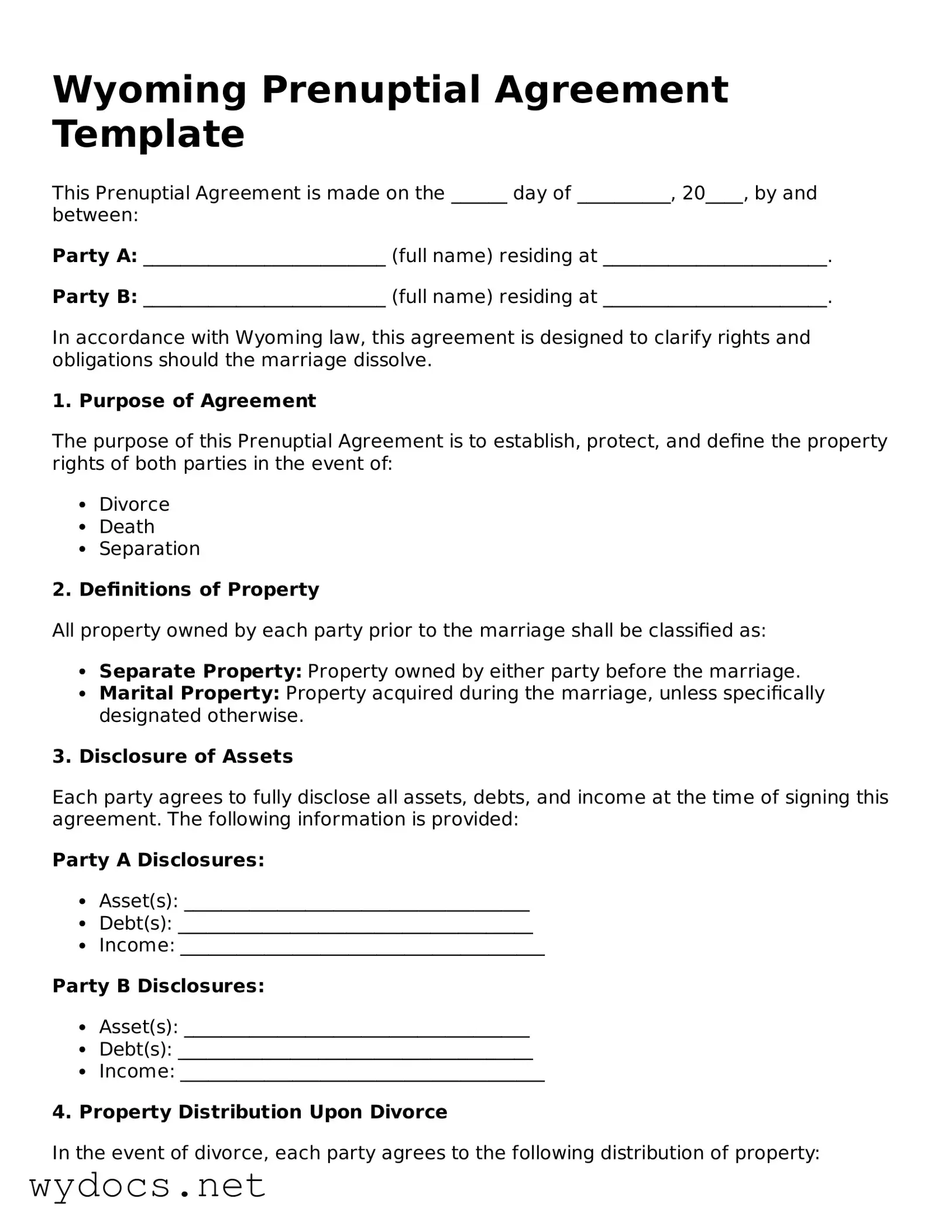 Fillable  Prenuptial Agreement Document for Wyoming