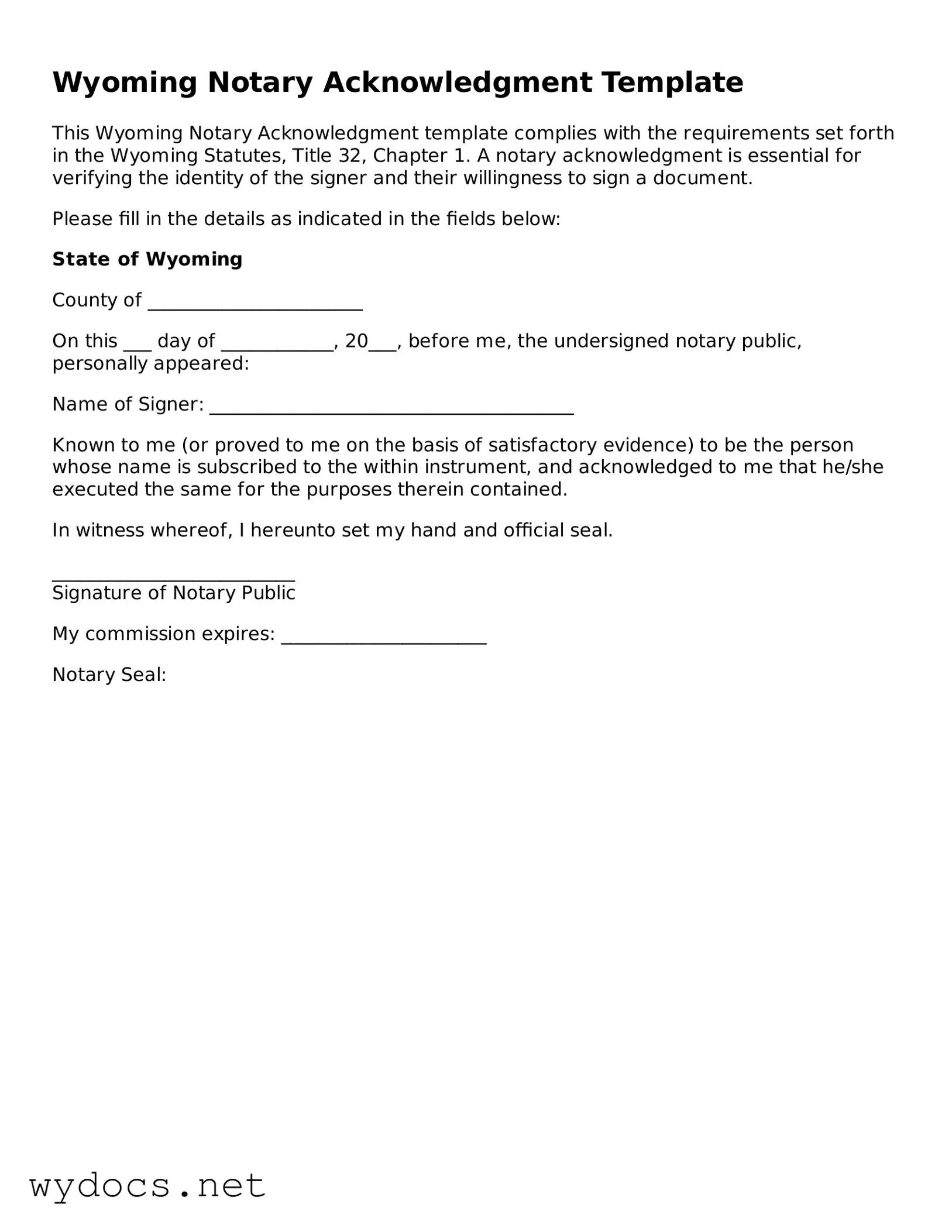 Fillable  Notary Acknowledgement Document for Wyoming