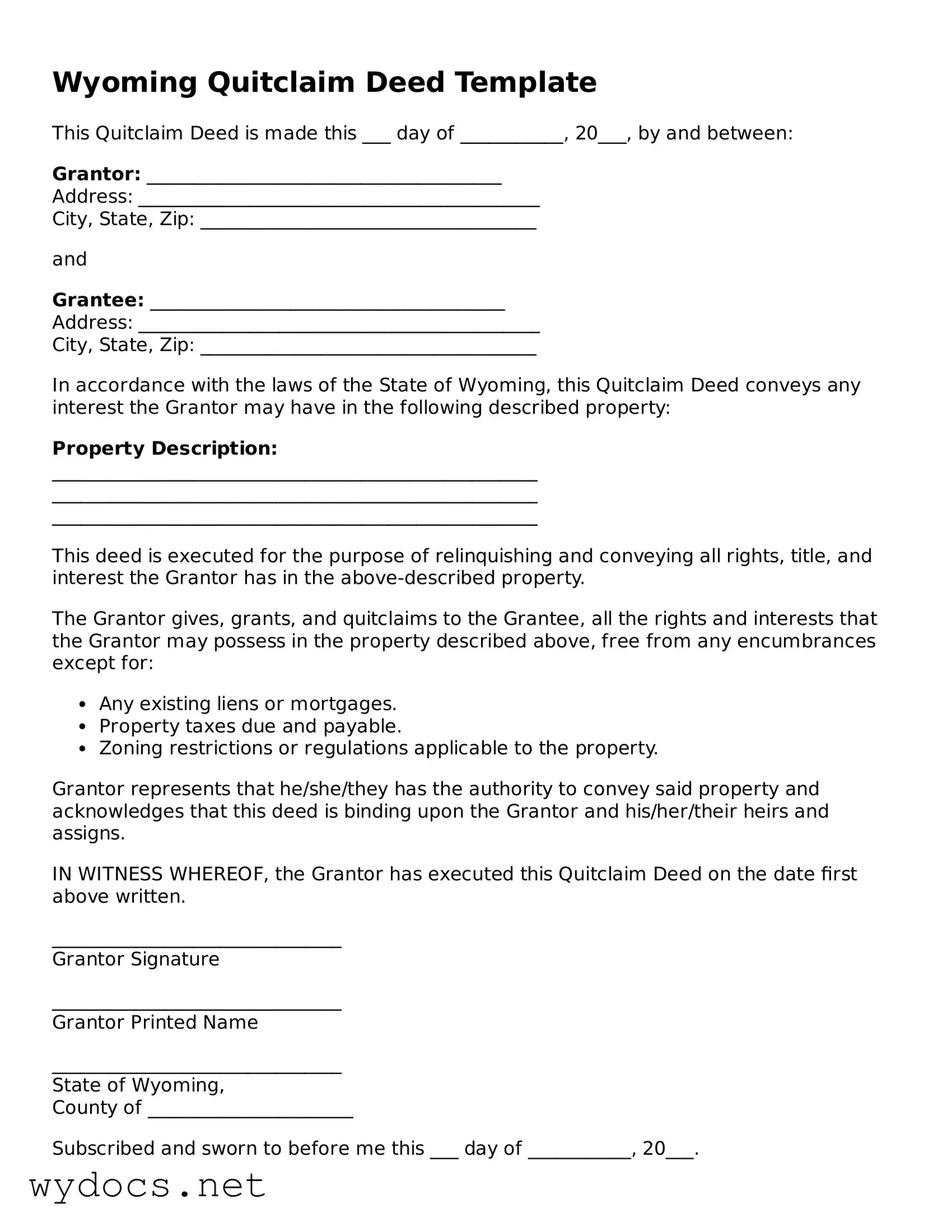 Fillable  Quitclaim Deed Document for Wyoming