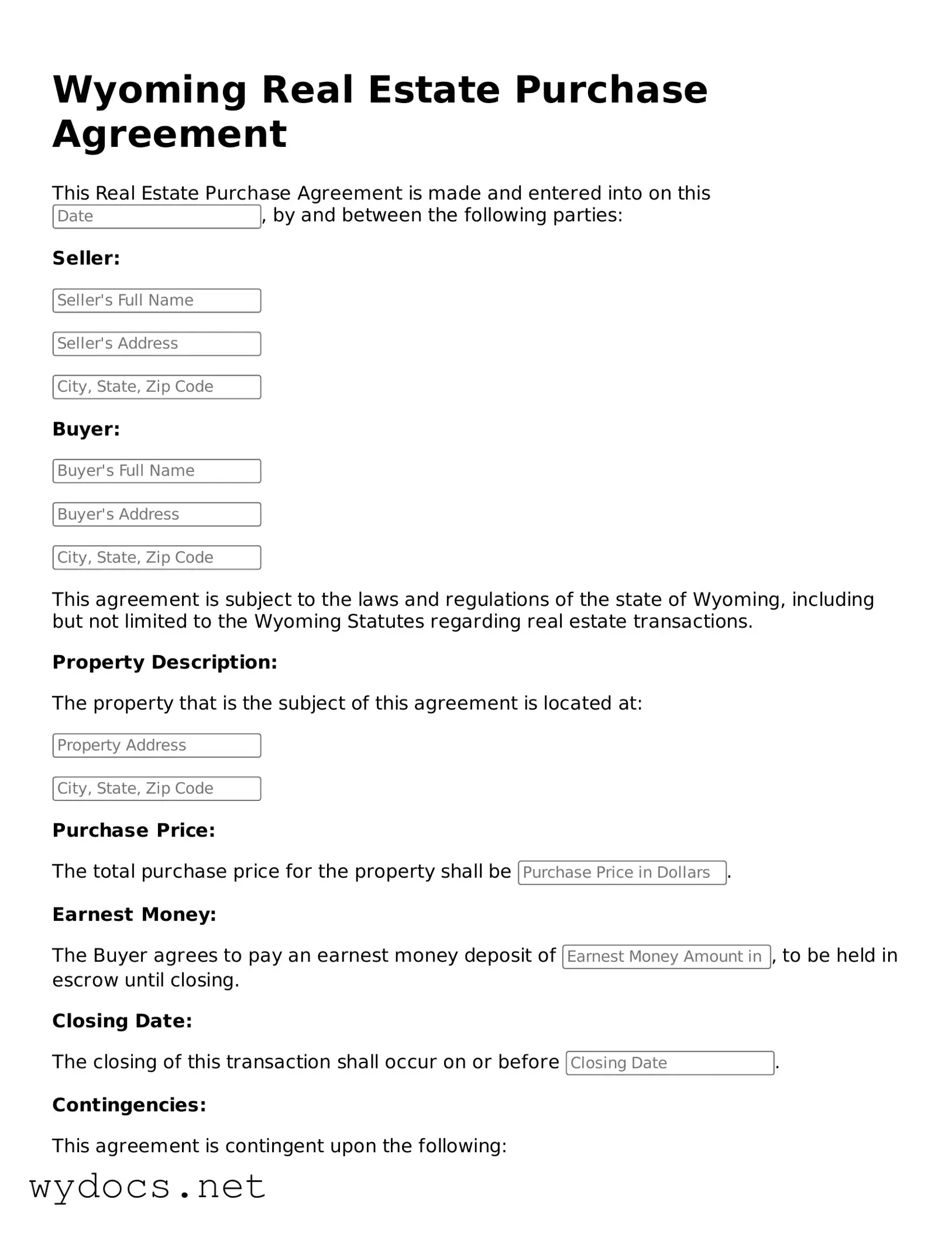 Fillable  Real Estate Purchase Agreement Document for Wyoming