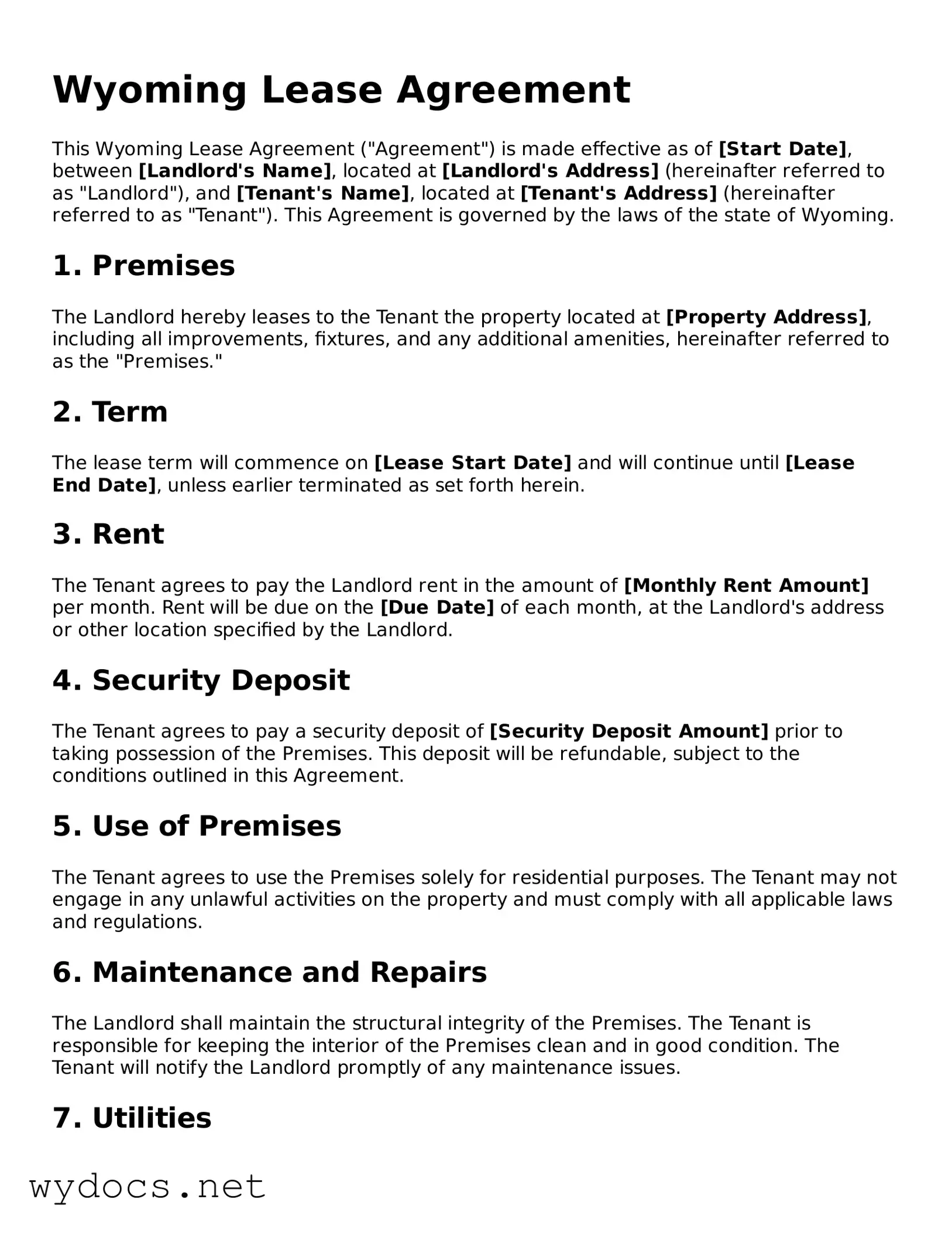 Fillable  Lease Agreement Document for Wyoming