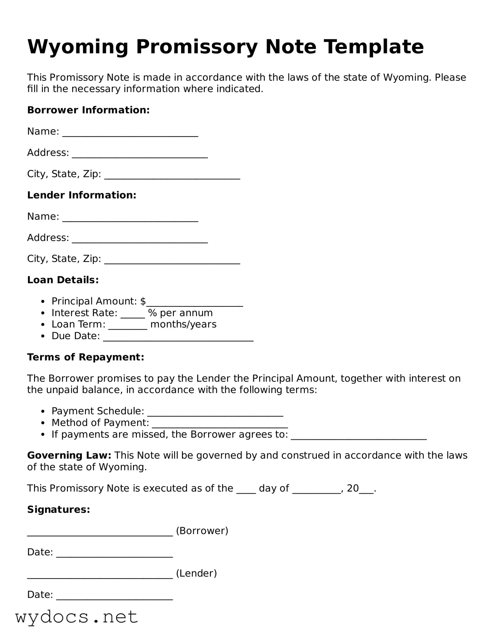 Fillable  Promissory Note Document for Wyoming
