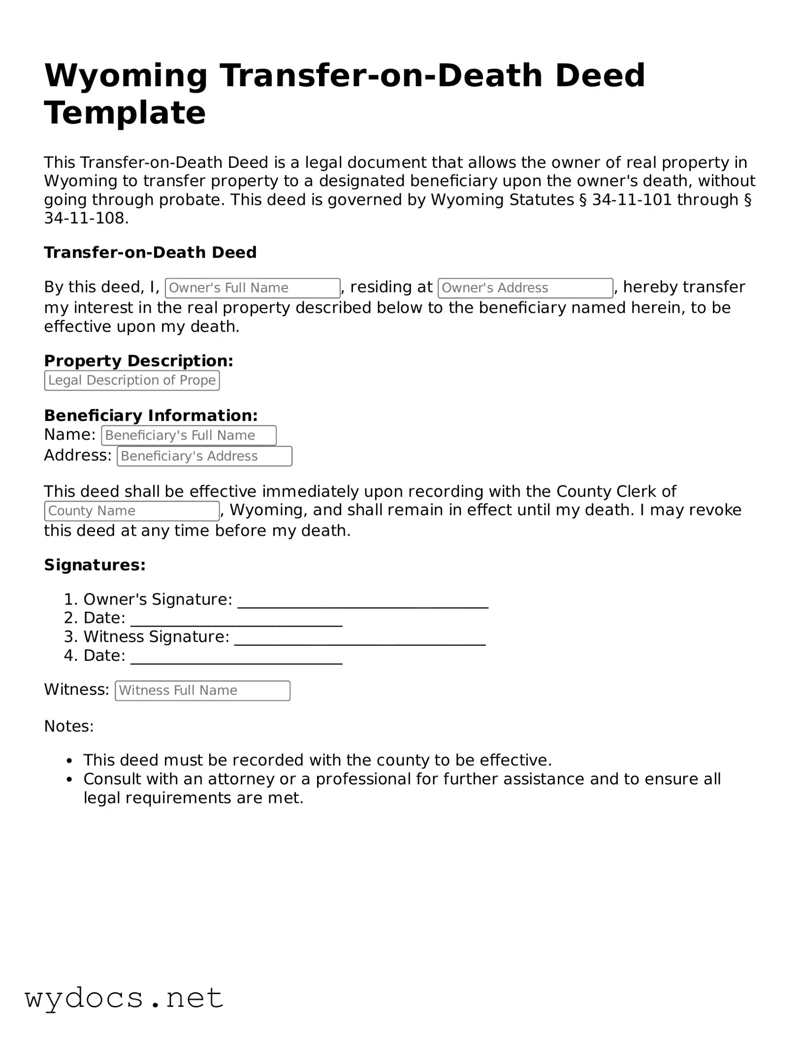 Fillable  Transfer-on-Death Deed Document for Wyoming